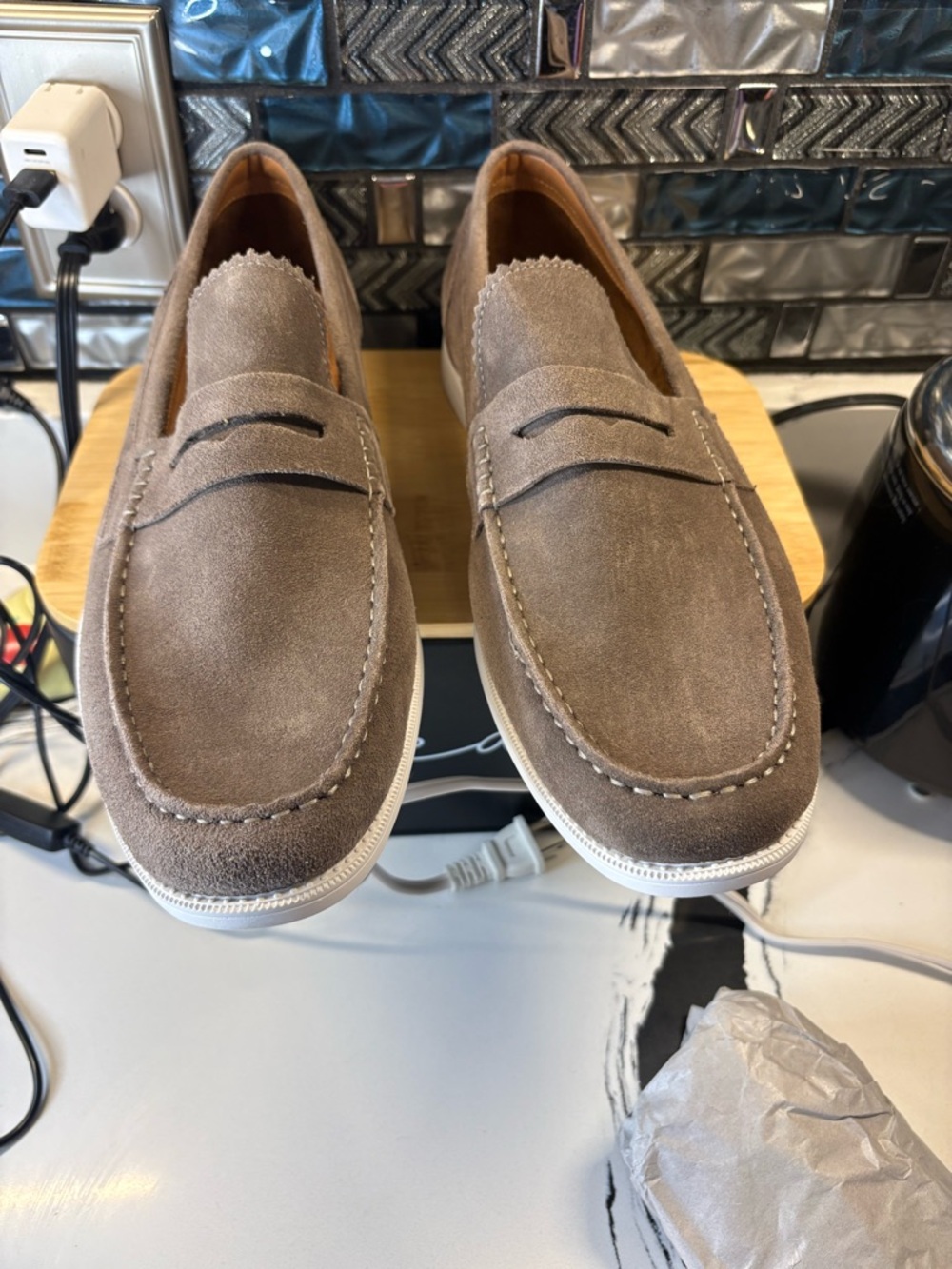 Men's Suede Penny Loafers in Taupe